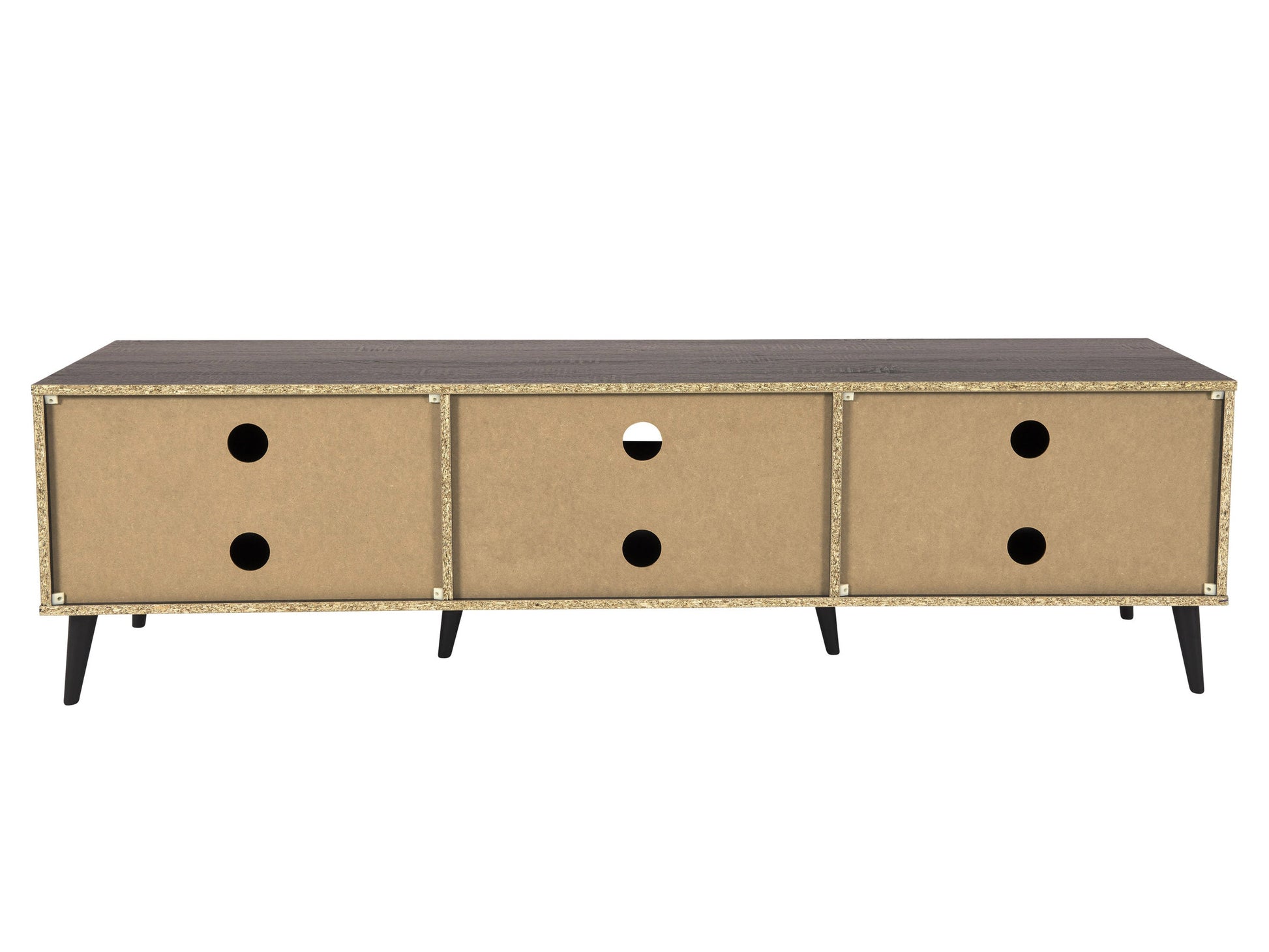 Dark grey TV stand with cabinet storage, fits TVs up to 85 inches, sleek modern design with minimalist lines.