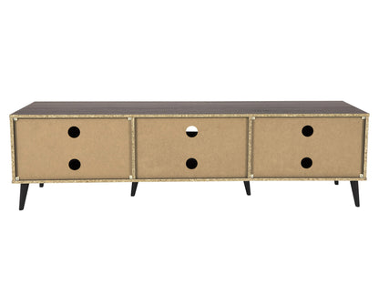 Dark grey TV stand with cabinet storage, fits TVs up to 85 inches, sleek modern design with minimalist lines.