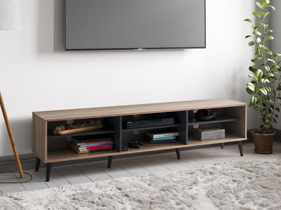 light wood and grey TV Bench with Open Shelves, TVs up to 85" Cole Collection lifestyle scene by CorLiving#color_cole-light-wood-and-grey