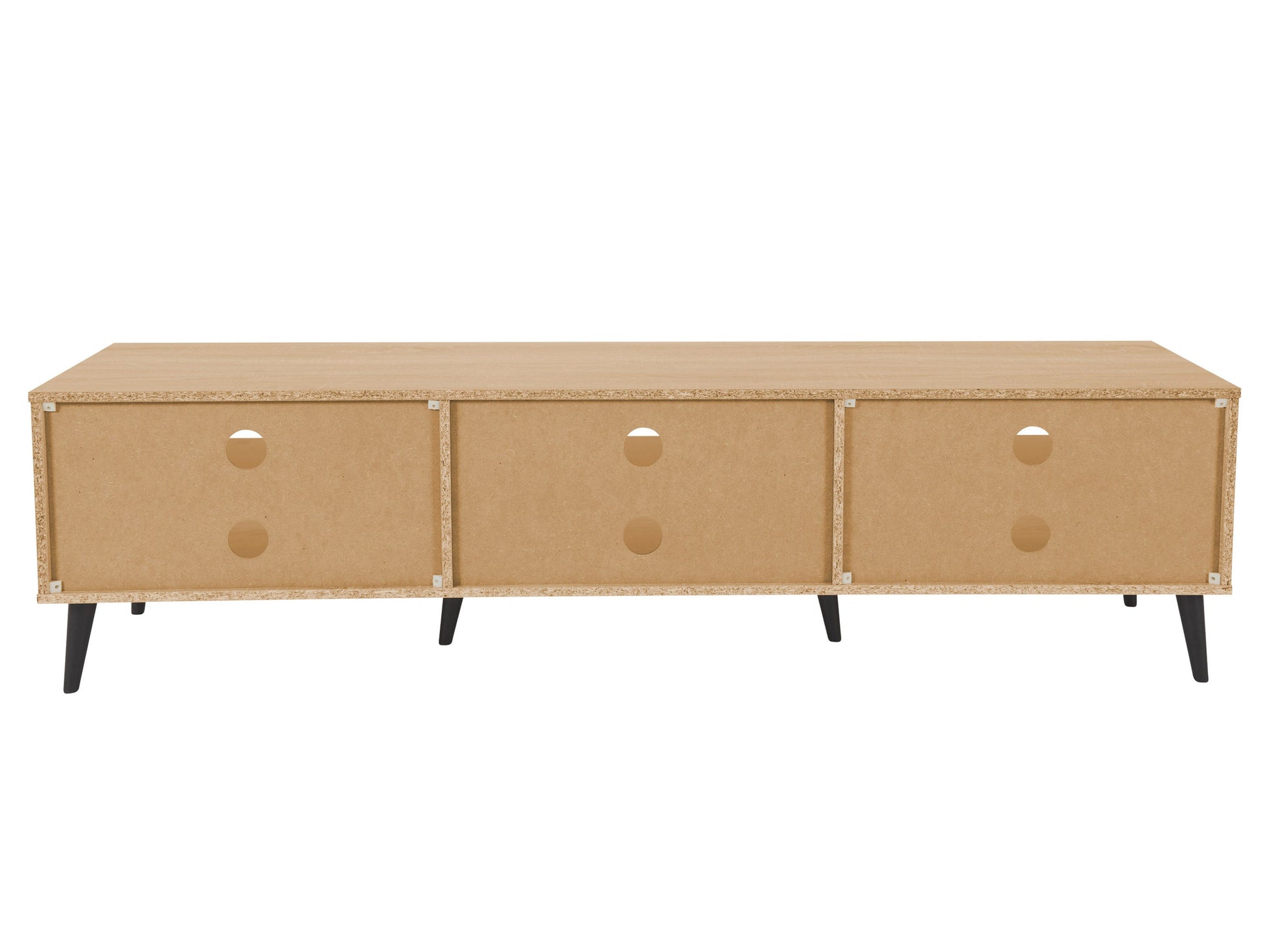 Light wood and grey TV bench with open shelves, fits TVs up to 85 inches, modern design, and sturdy construction.