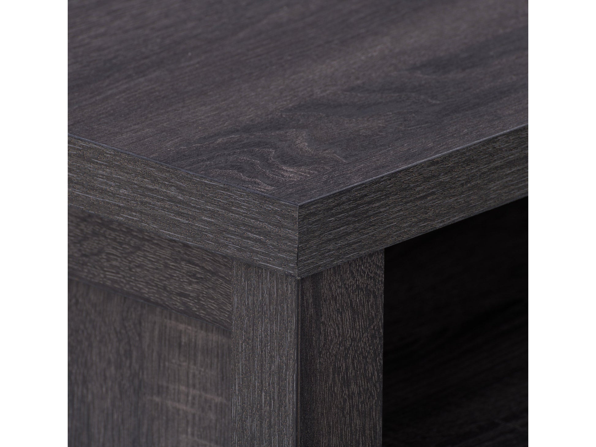 Modern TV stand with walnut finish, sleek black glass shelves, and chrome accents. Features open shelving for electronics and cable management system. Ideal for contemporary living rooms.