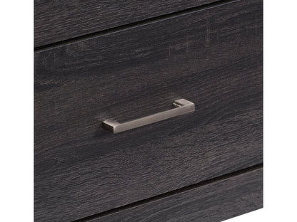 Modern wooden TV stand with sleek black metal legs, featuring two open shelves and two sliding doors in a natural oak finish. Ideal for contemporary living rooms and media storage.