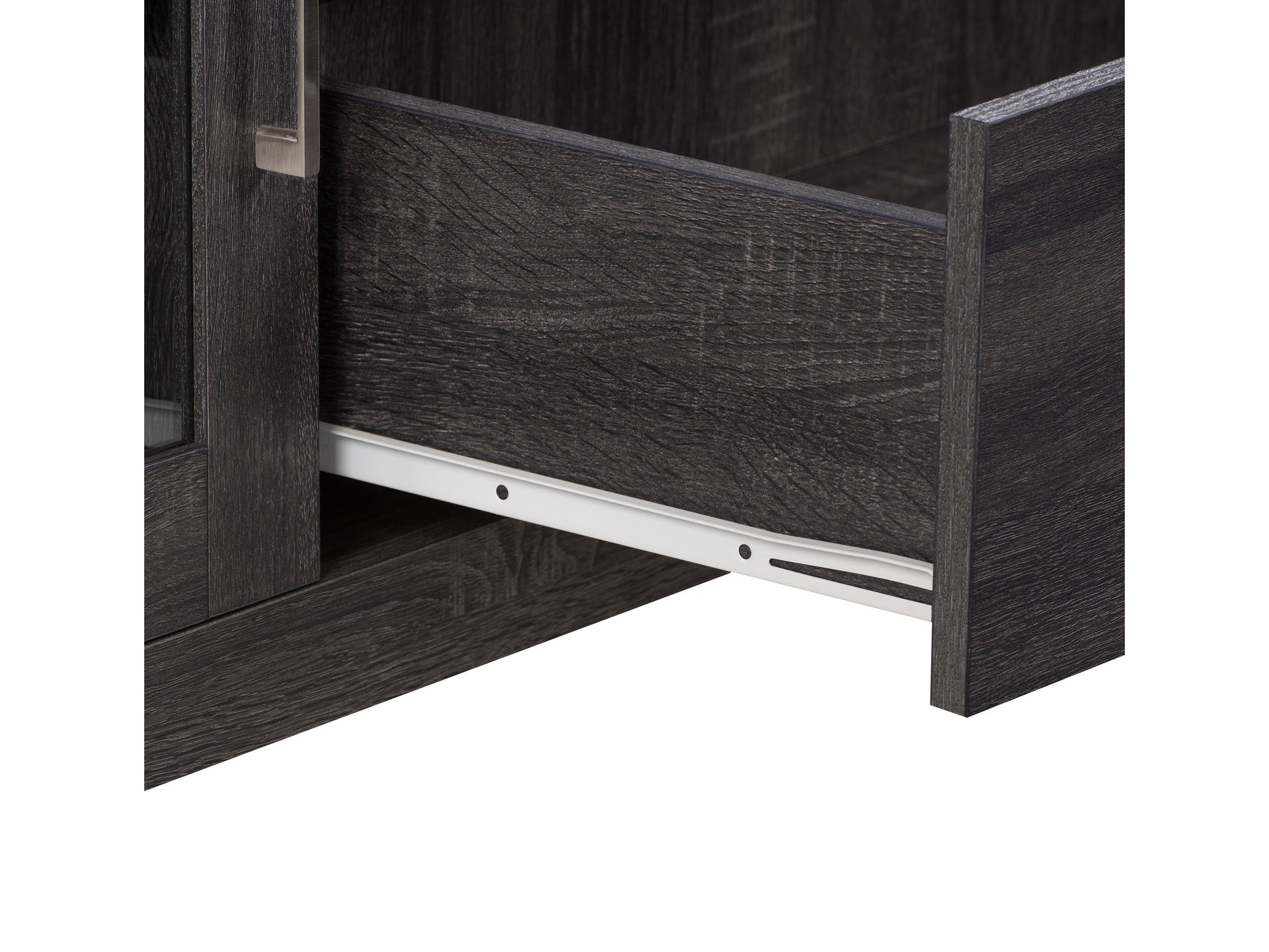 Mid-century modern TV stand with walnut finish, featuring sleek lines, tapered legs, open shelving, and two sliding doors for storage.