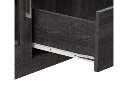 Mid-century modern TV stand with walnut finish, featuring sleek lines, tapered legs, open shelving, and two sliding doors for storage.