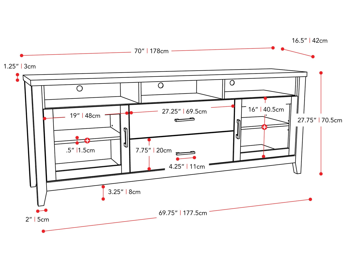 Modern wooden TV stand with black metal frame, featuring two open shelves and a spacious top, perfect for living rooms. Light brown wood grain finish adds a stylish, contemporary touch to any home decor.