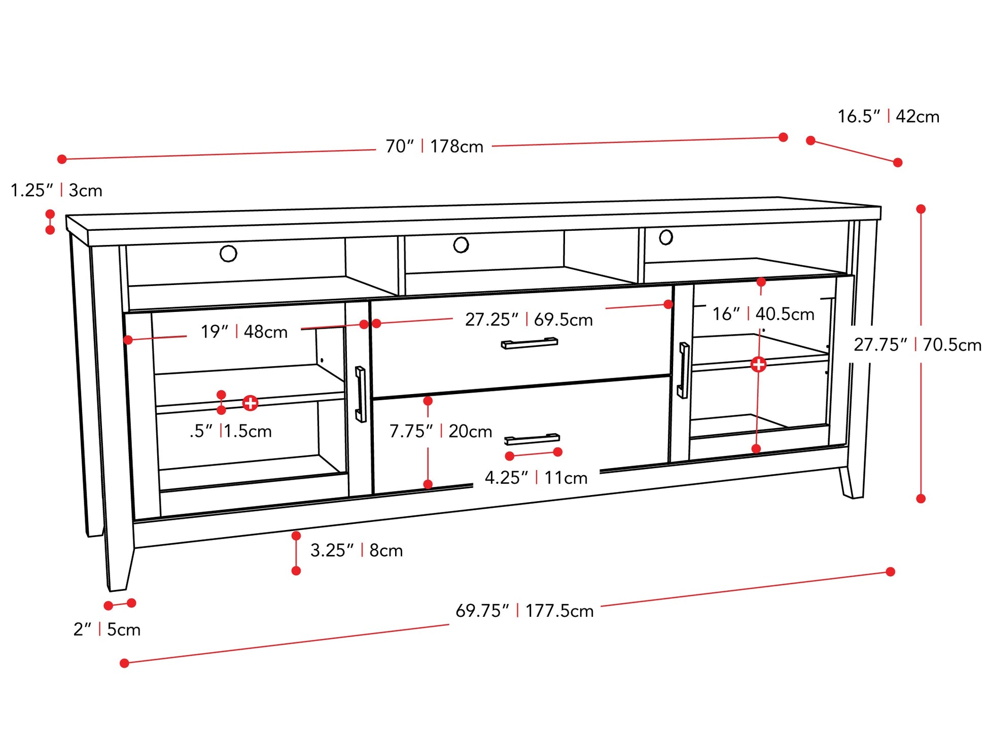Modern wooden TV stand with black metal frame, featuring two open shelves and a spacious top, perfect for living rooms. Light brown wood grain finish adds a stylish, contemporary touch to any home decor.