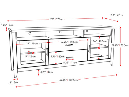 Modern wooden TV stand with black metal frame, featuring two open shelves and a spacious top, perfect for living rooms. Light brown wood grain finish adds a stylish, contemporary touch to any home decor.