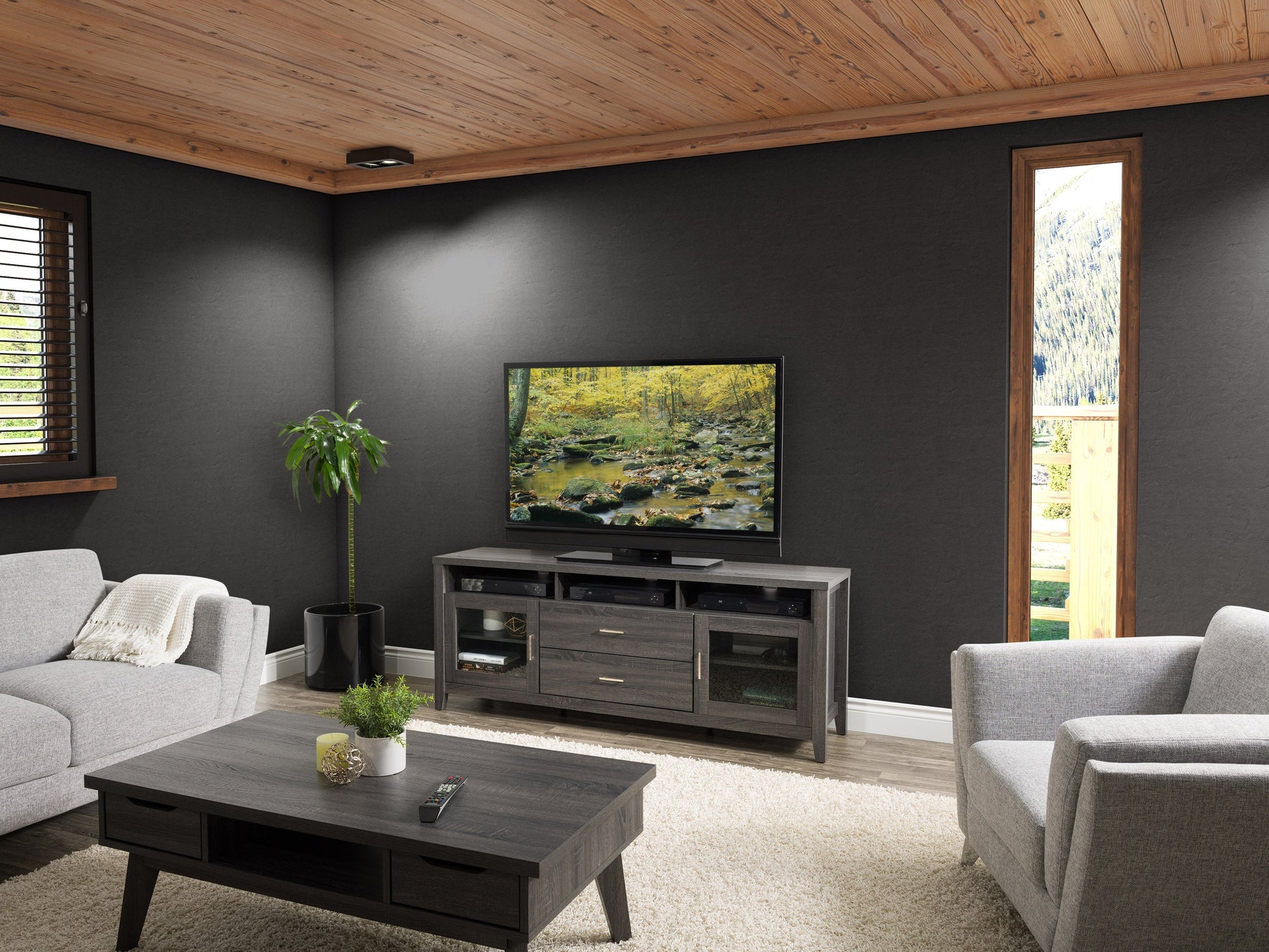 Modern TV cabinet with drawers, black and walnut finish, accommodates TVs up to 85 inches, sleek design with ample storage space, minimalist handles, and sturdy construction.