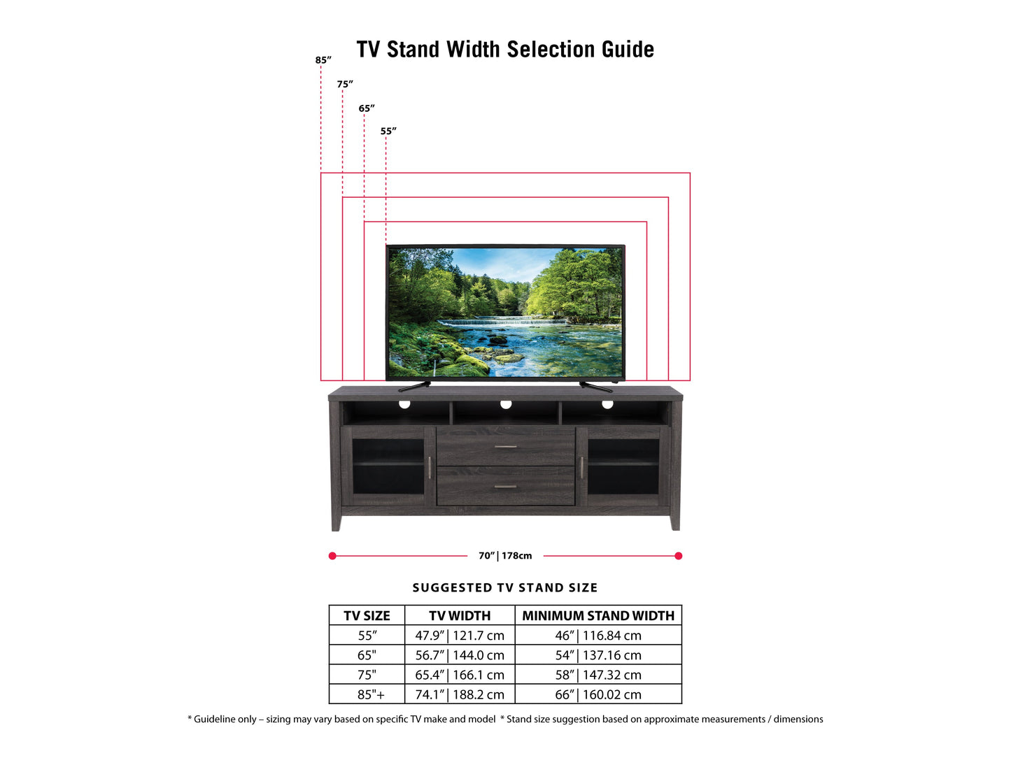 Modern TV stand in sleek black finish with glass shelves, metal frame, and cable management system. Ideal for contemporary living rooms, it supports up to 55-inch TVs and offers ample storage for media devices.