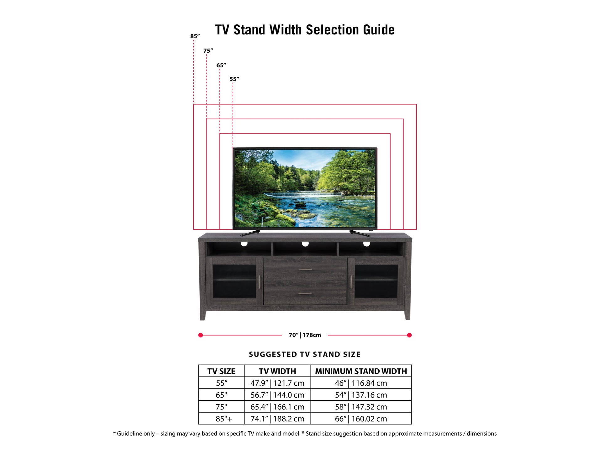Modern TV stand in sleek black finish with glass shelves, metal frame, and cable management system. Ideal for contemporary living rooms, it supports up to 55-inch TVs and offers ample storage for media devices.