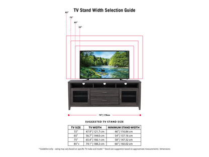 Modern TV stand in sleek black finish with glass shelves, metal frame, and cable management system. Ideal for contemporary living rooms, it supports up to 55-inch TVs and offers ample storage for media devices.