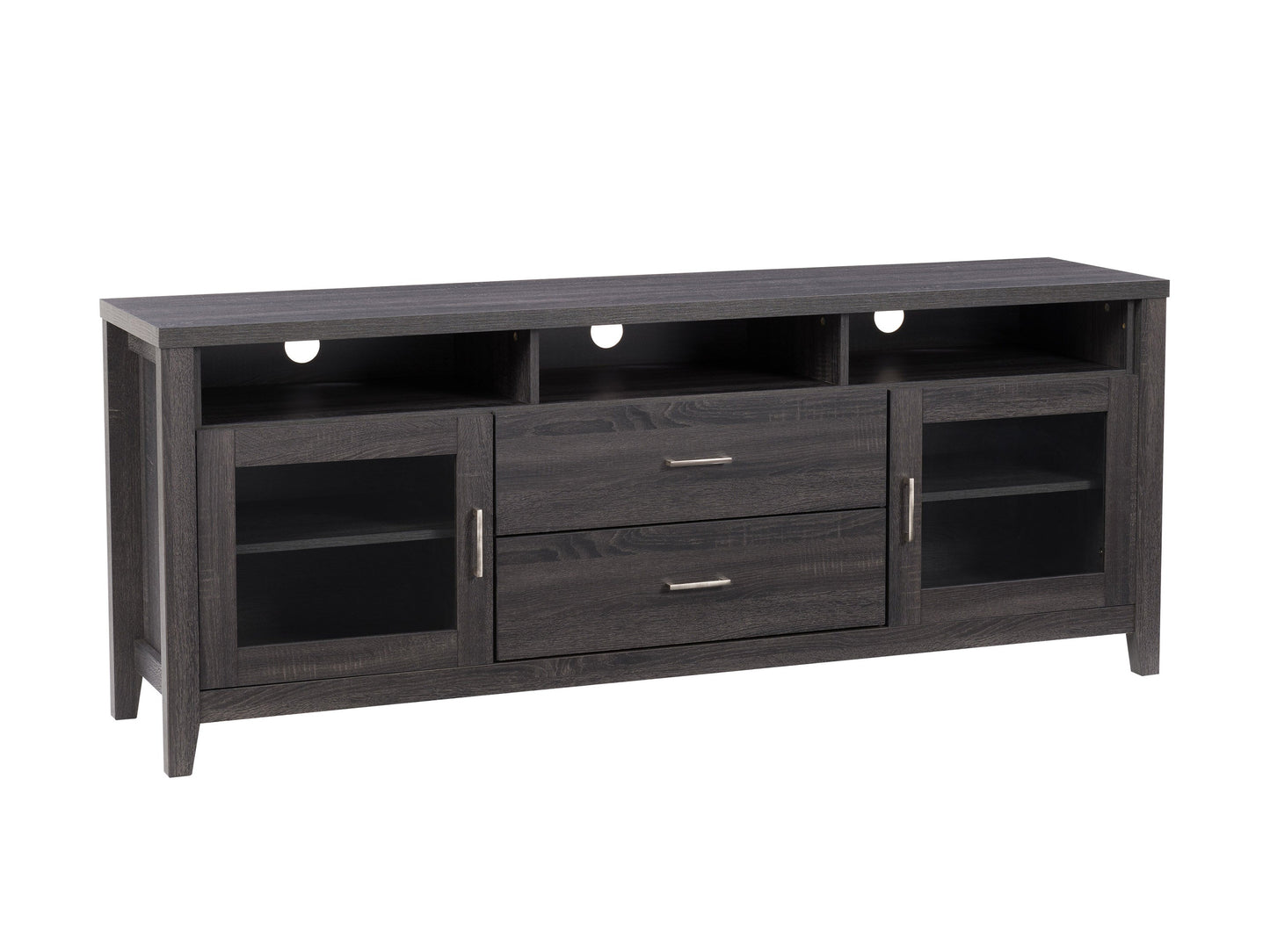 Dark wood TV cabinet with two spacious drawers, sleek black metal legs, and a minimalist design. Ideal for TVs up to 85 inches, offering ample storage and a modern aesthetic for living rooms.