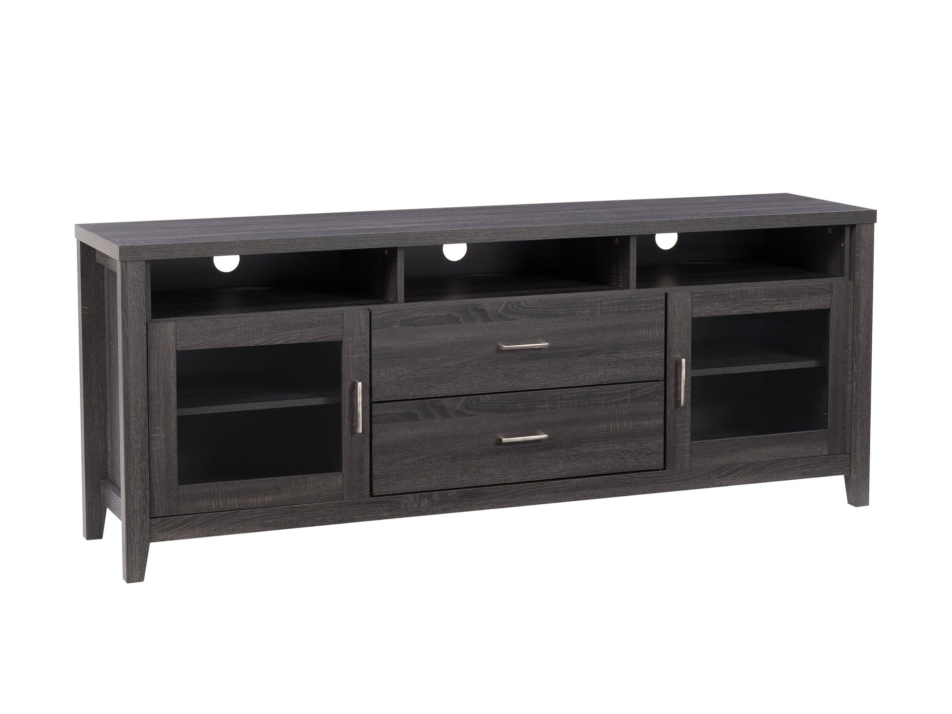 Dark wood TV cabinet with two spacious drawers, sleek black metal legs, and a minimalist design. Ideal for TVs up to 85 inches, offering ample storage and a modern aesthetic for living rooms.