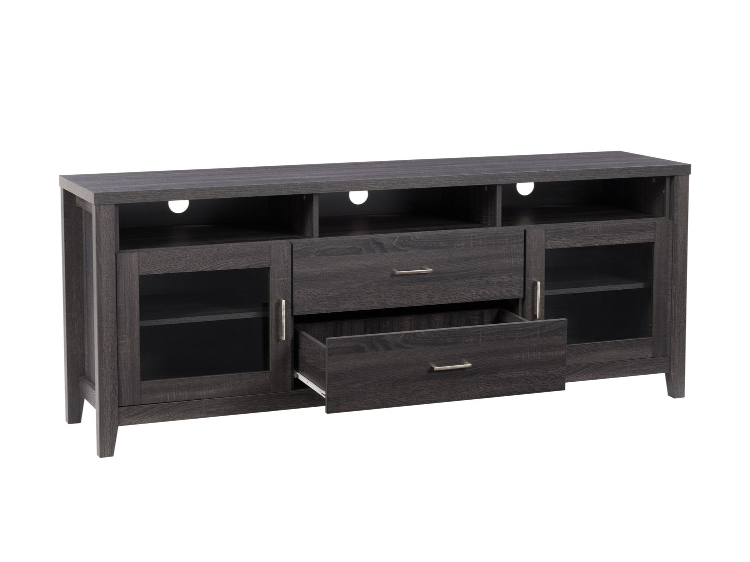 Modern TV stand with drawers, fits TVs up to 85 inches, featuring a sleek black finish, wooden accents, and ample storage space. Ideal for contemporary living rooms or entertainment centers.