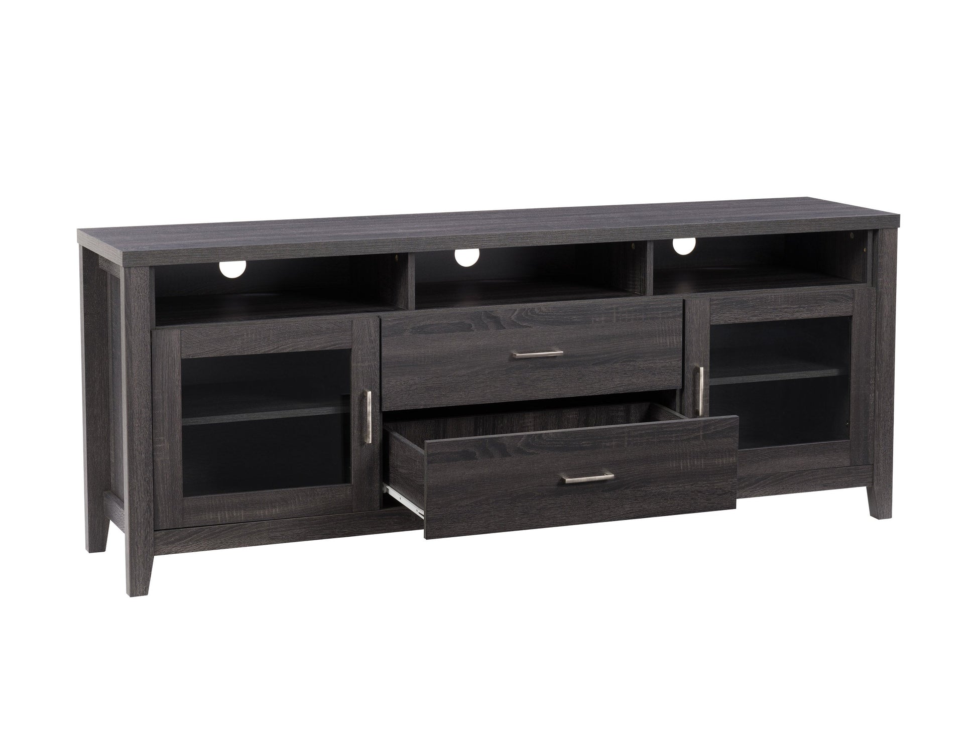 Modern TV stand with drawers, fits TVs up to 85 inches, featuring a sleek black finish, wooden accents, and ample storage space. Ideal for contemporary living rooms or entertainment centers.