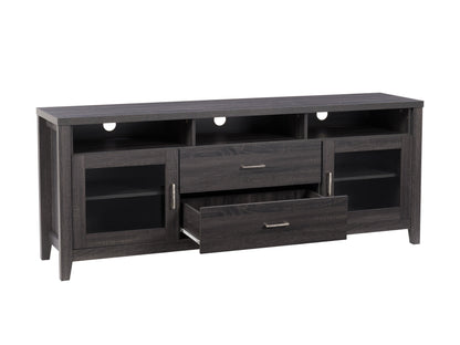 Modern TV stand with drawers, fits TVs up to 85 inches, featuring a sleek black finish, wooden accents, and ample storage space. Ideal for contemporary living rooms or entertainment centers.