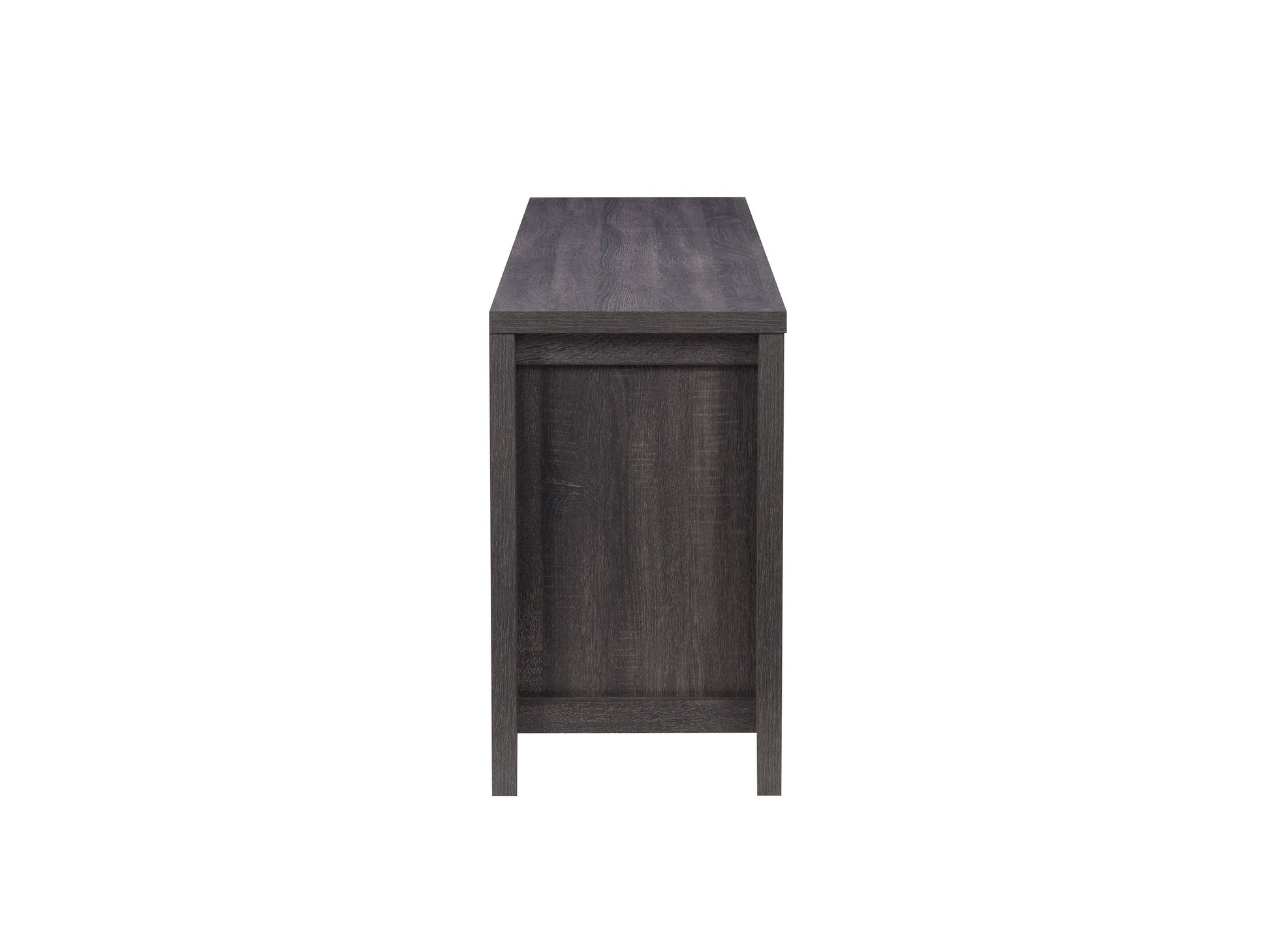 Rustic wooden TV stand with two open shelves, two drawers, and metal handles. Dark brown finish with natural wood grain texture. Ideal for living rooms, providing ample storage and a vintage aesthetic.