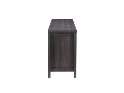 Rustic wooden TV stand with two open shelves, two drawers, and metal handles. Dark brown finish with natural wood grain texture. Ideal for living rooms, providing ample storage and a vintage aesthetic.