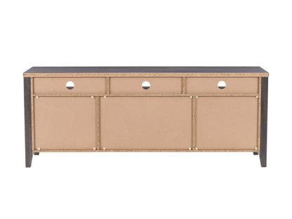 Modern wooden TV stand with black metal legs, featuring two open shelves and two sliding cabinet doors in a natural oak finish. Ideal for contemporary living rooms and media storage solutions.