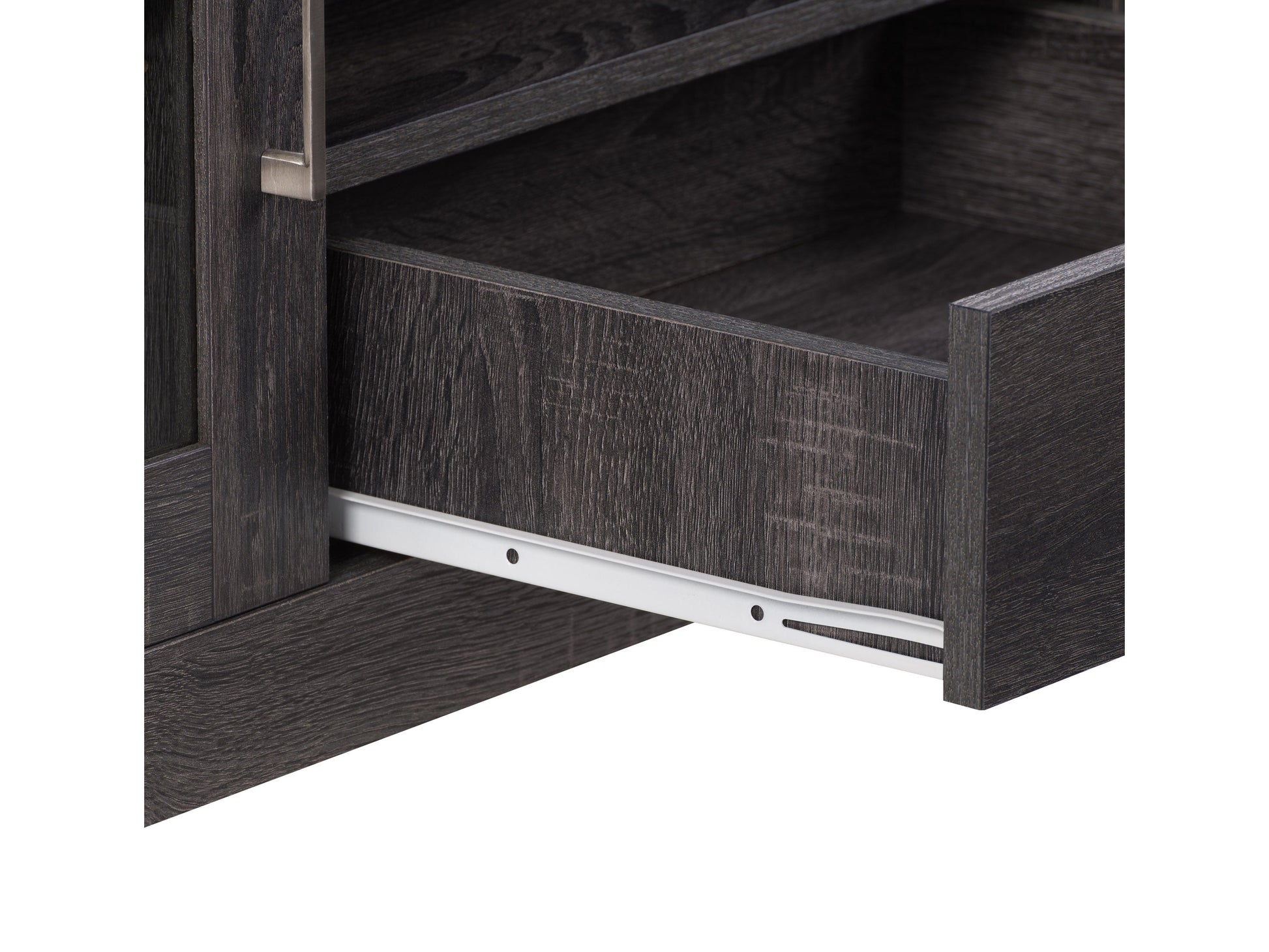 Modern TV stand with walnut finish, sleek black metal frame, and open shelving for storage. The stand features clean lines, a minimalist design, and sturdy construction, perfect for contemporary living rooms.