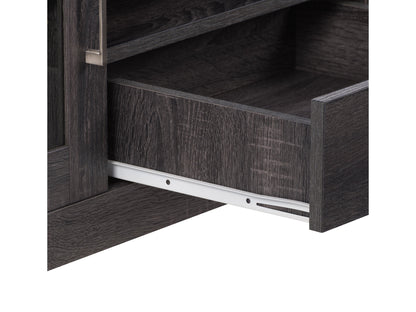 Modern TV stand with walnut finish, sleek black metal frame, and open shelving for storage. The stand features clean lines, a minimalist design, and sturdy construction, perfect for contemporary living rooms.