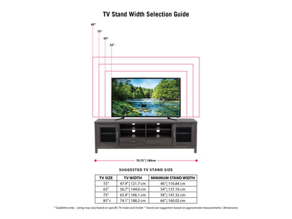Modern TV stand for TVs up to 85 inches, featuring a sleek black finish, two spacious cabinets with wooden doors, and open shelving for media storage.