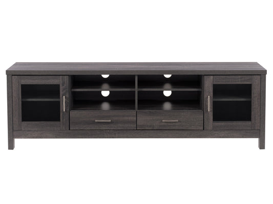 Modern TV stand for TVs up to 85 inches with sleek black metal frame, rustic brown wooden shelves, two cabinet doors with mesh panels, and open storage compartments. Ideal for living rooms or entertainment spaces.
