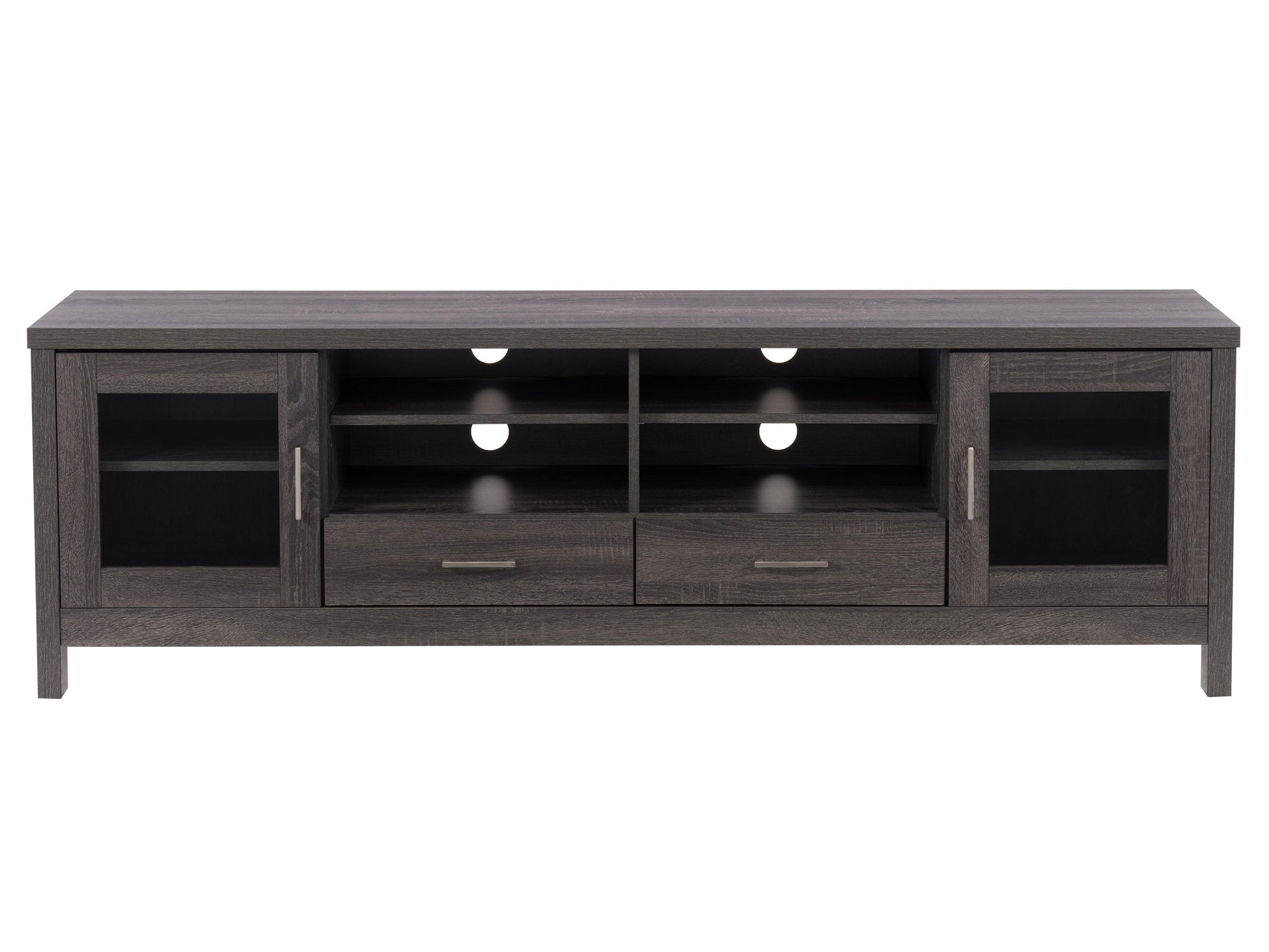 Modern TV stand for TVs up to 85 inches with sleek black metal frame, rustic brown wooden shelves, two cabinet doors with mesh panels, and open storage compartments. Ideal for living rooms or entertainment spaces.