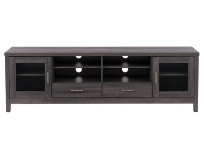 Modern TV stand for TVs up to 85 inches with sleek black metal frame, rustic brown wooden shelves, two cabinet doors with mesh panels, and open storage compartments. Ideal for living rooms or entertainment spaces.