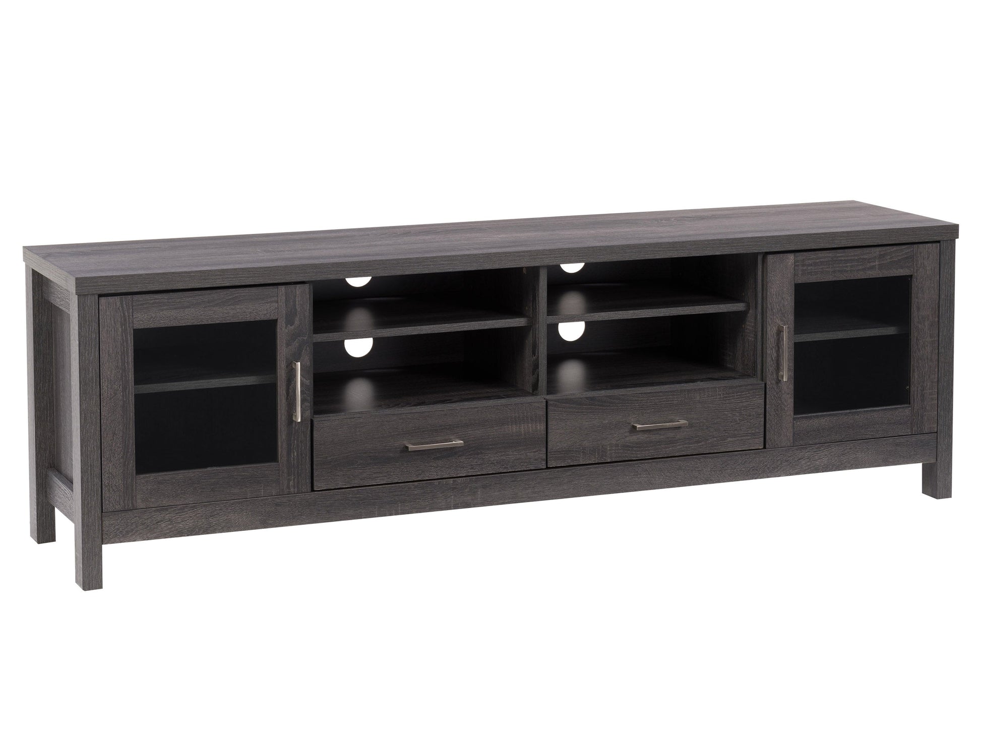 Modern walnut TV cabinet with sleek black metal legs, two closed storage compartments with wood grain finish, and an open middle shelf, suitable for TVs up to 85 inches.