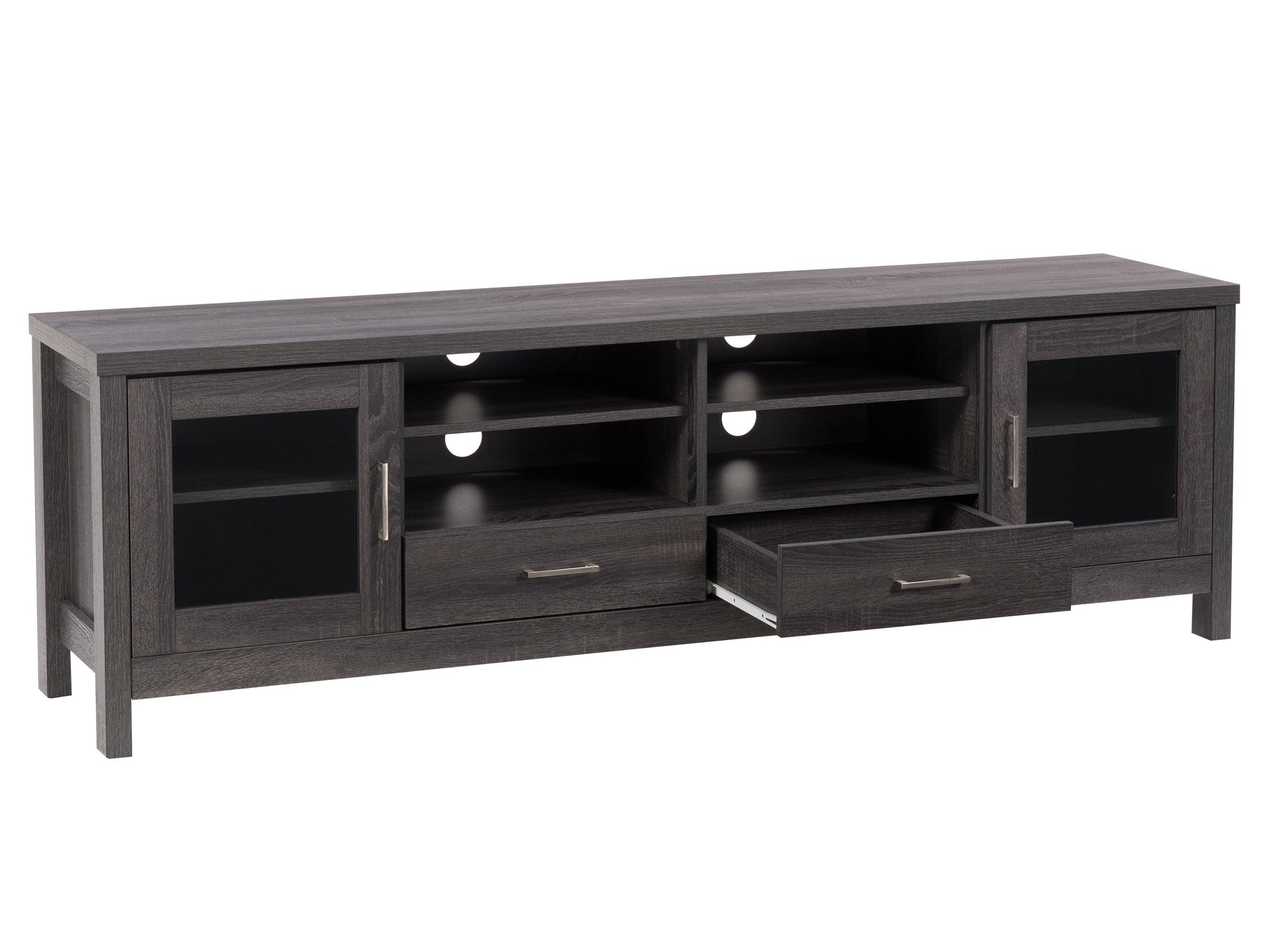 Modern TV stand with open shelves and storage cabinets, featuring a sleek black and white design, made from wood and metal, perfect for contemporary living rooms.