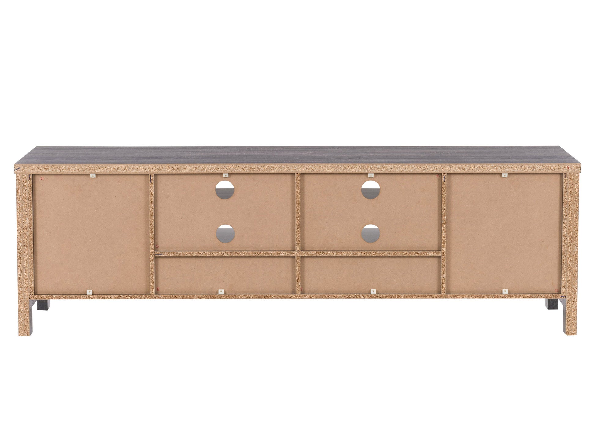 Modern wooden TV stand with white drawers and open shelves, featuring sleek metal handles and a minimalist design. Perfect for living room storage and media organization.