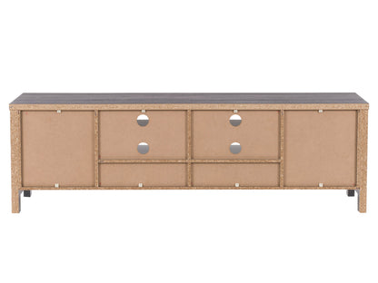 Modern wooden TV stand with white drawers and open shelves, featuring sleek metal handles and a minimalist design. Perfect for living room storage and media organization.