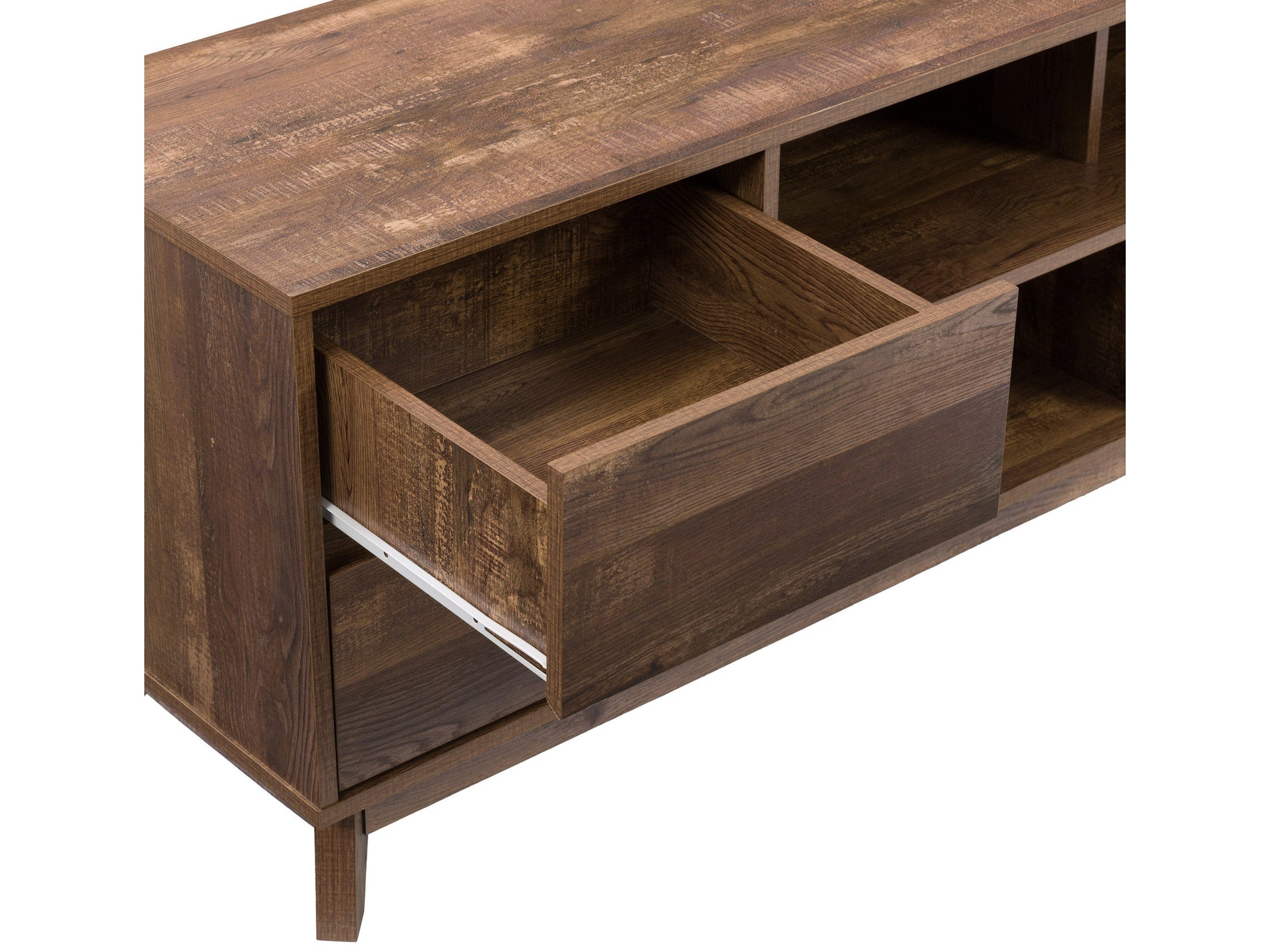 Modern brown TV stand for 85-inch TVs, featuring sleek wood finish, open shelves, and cable management system.