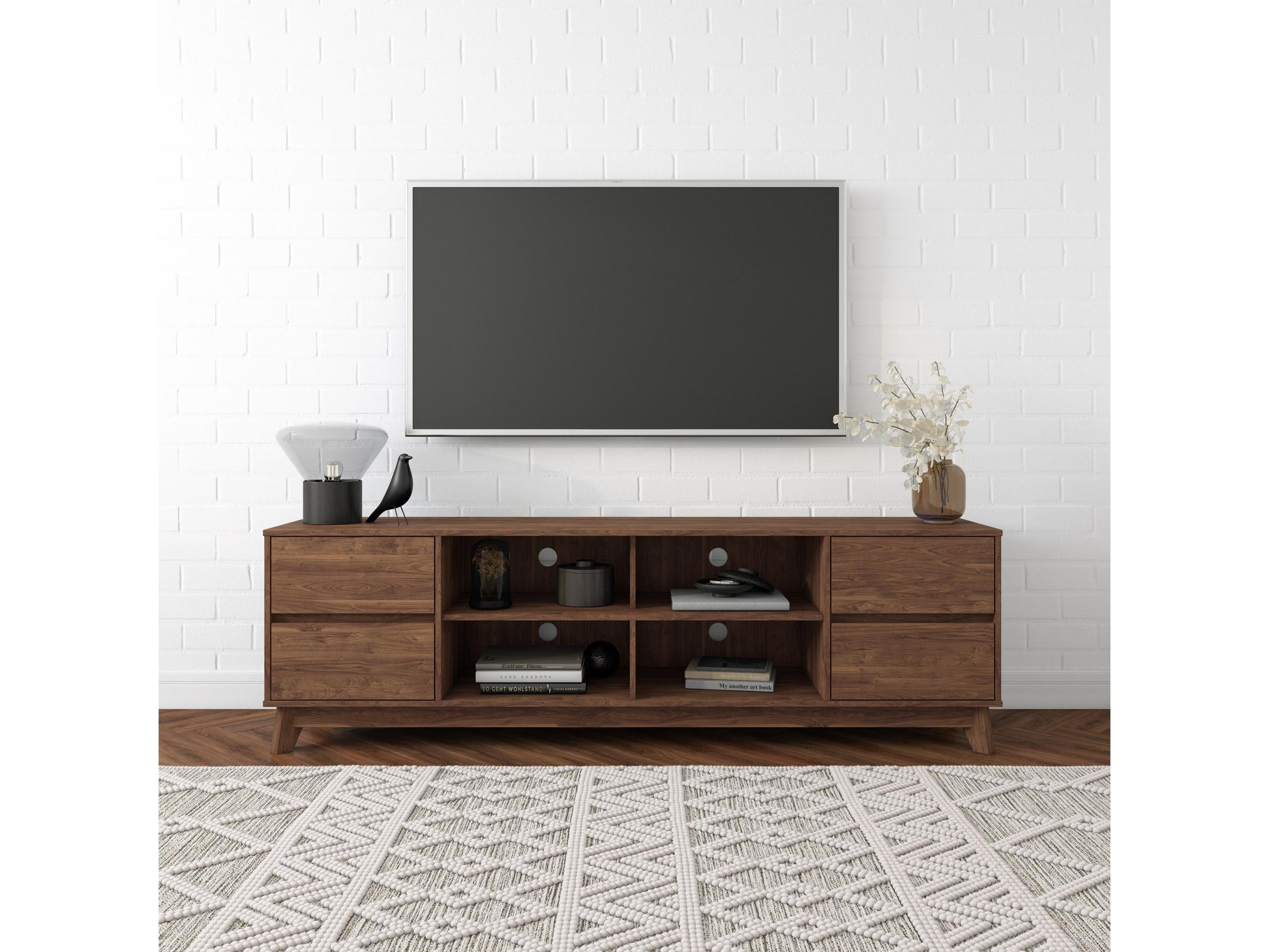 Modern brown TV stand for 85" TVs, wood texture, open shelves, and sleek design.