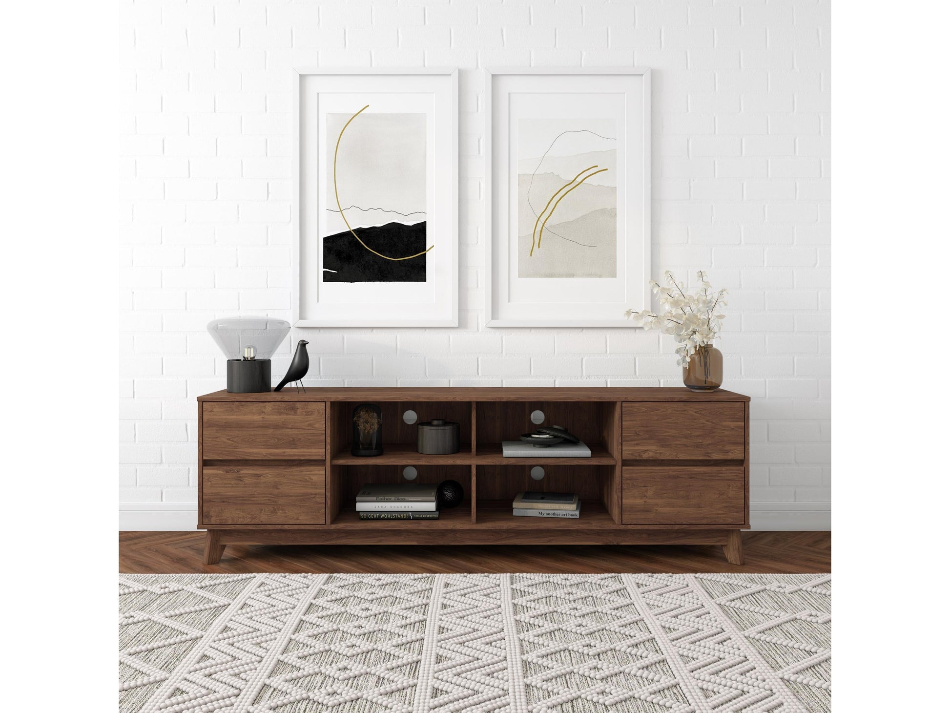 Brown modern TV stand for TVs up to 85", featuring sleek lines, open shelving, and a minimalist design.