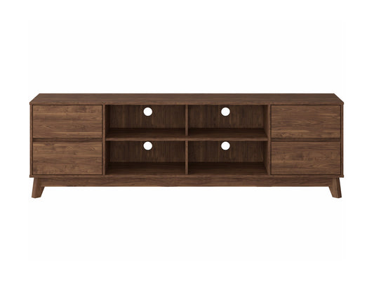 Modern brown TV stand for TVs up to 85 inches with open shelves and sleek design.