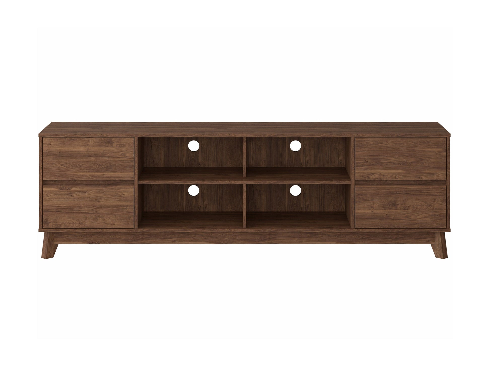 Modern brown TV stand for TVs up to 85 inches with open shelves and sleek design.
