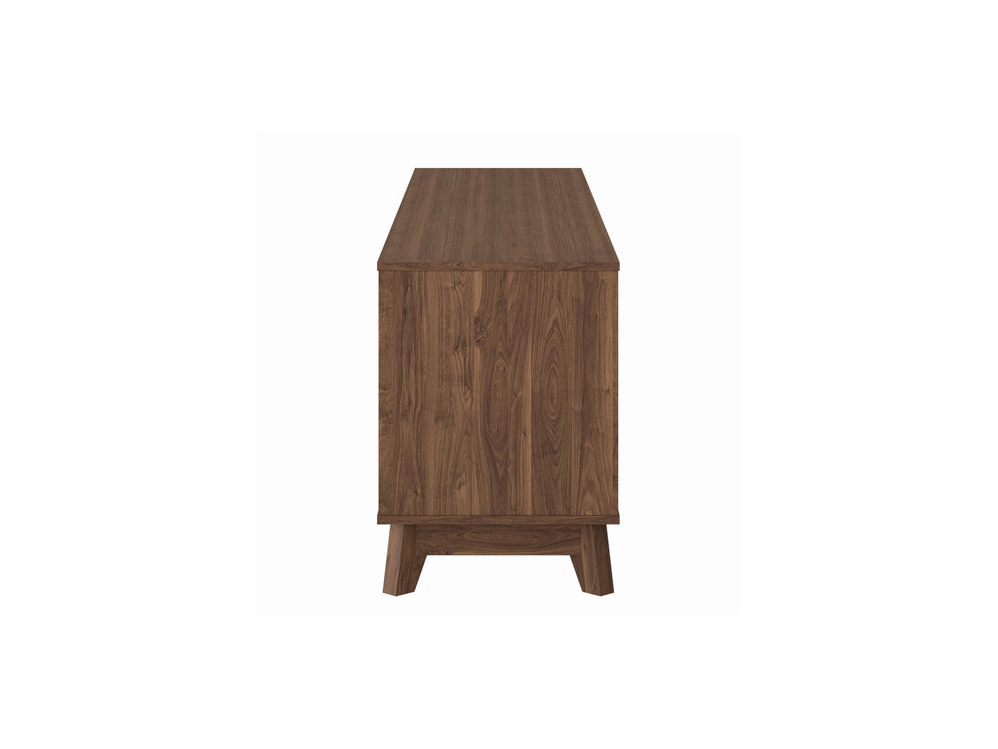 Modern brown TV stand for TVs up to 85", featuring sleek design, open shelving, and sturdy wooden construction.