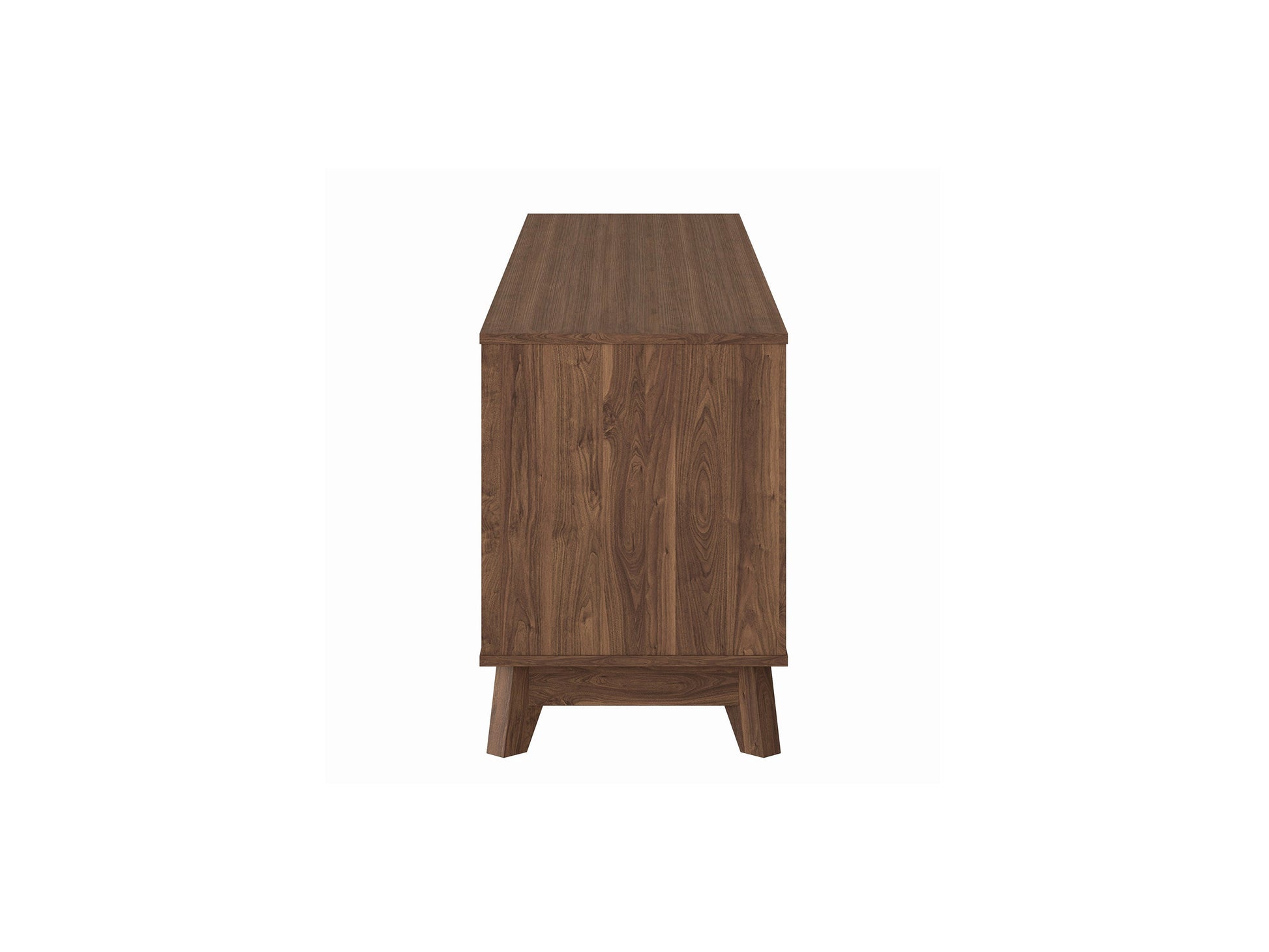 Modern brown TV stand for TVs up to 85", featuring sleek design, open shelving, and sturdy wooden construction.