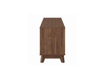 Modern brown TV stand for TVs up to 85", featuring sleek design, open shelving, and sturdy wooden construction.