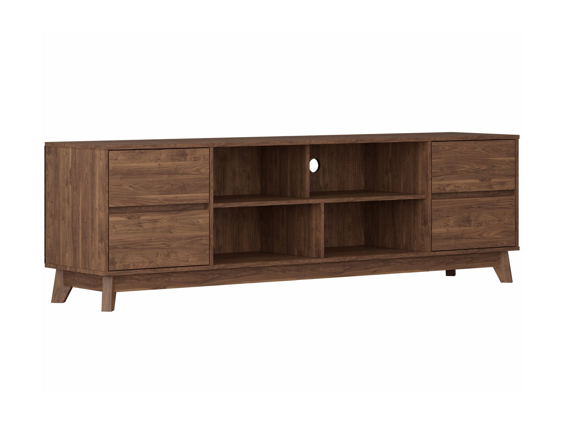 Brown modern TV stand for TVs up to 85 inches, featuring sleek storage shelves and a minimalist design.