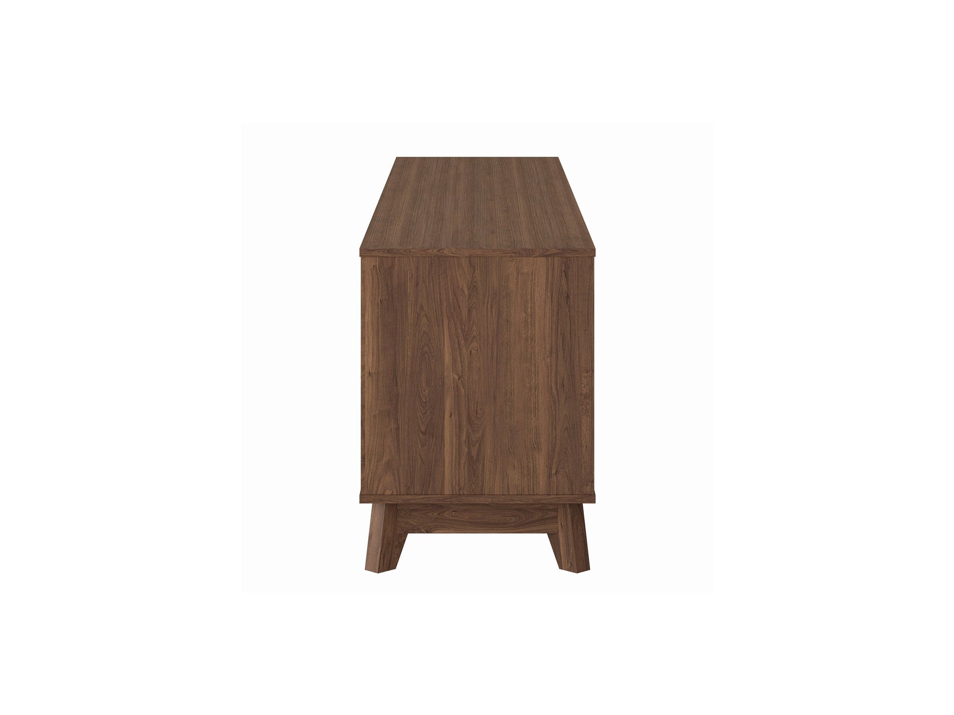 Modern brown TV stand for TVs up to 85 inches, featuring sleek lines, ample storage, and a minimalist design.