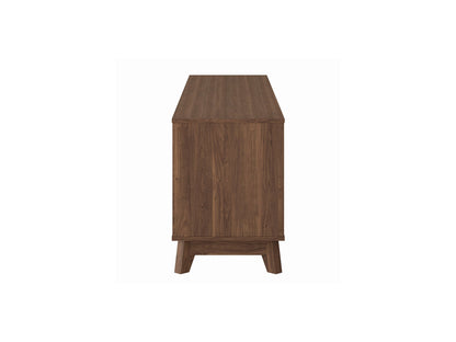 Modern brown TV stand for TVs up to 85 inches, featuring sleek lines, ample storage, and a minimalist design.