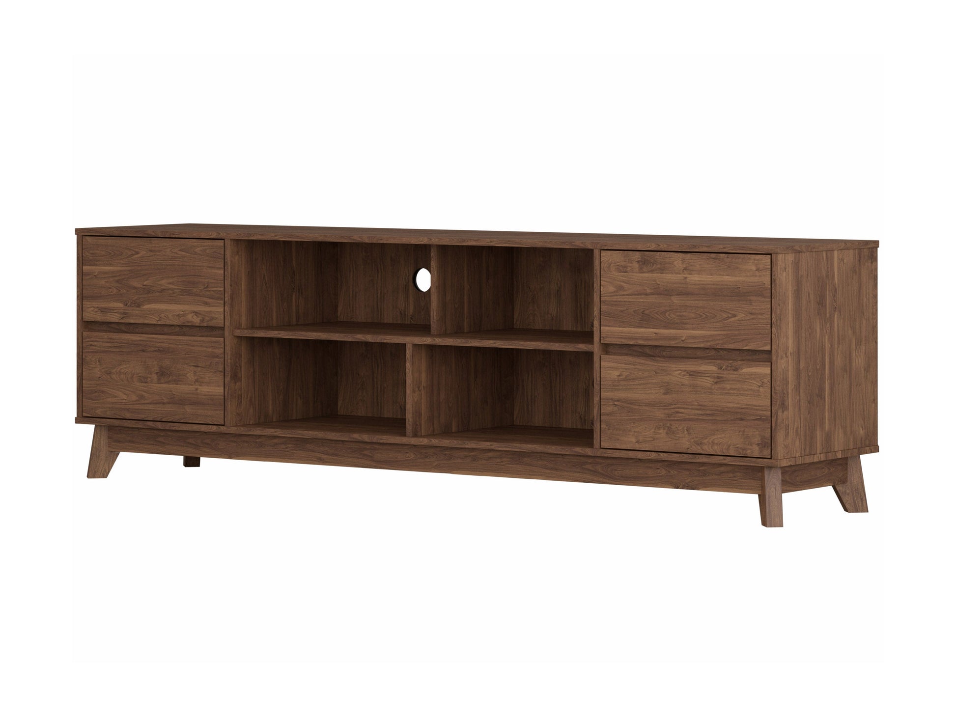 Modern brown TV stand with open shelving, sleek design, and sturdy construction for TVs up to 85 inches.