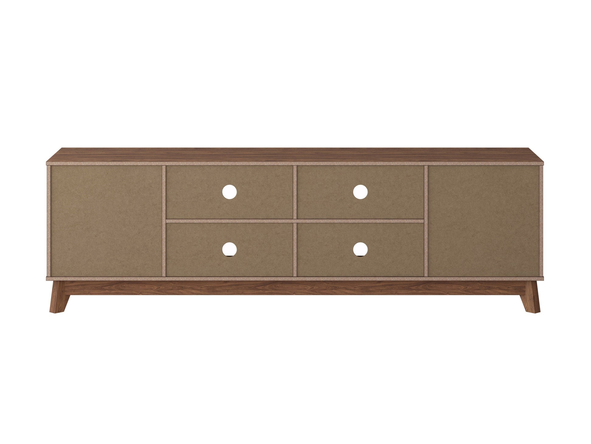 Brown modern TV stand, fits TVs up to 85 inches, sleek wood finish, open shelves, and minimalist design.