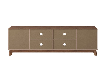 Brown modern TV stand, fits TVs up to 85 inches, sleek wood finish, open shelves, and minimalist design.
