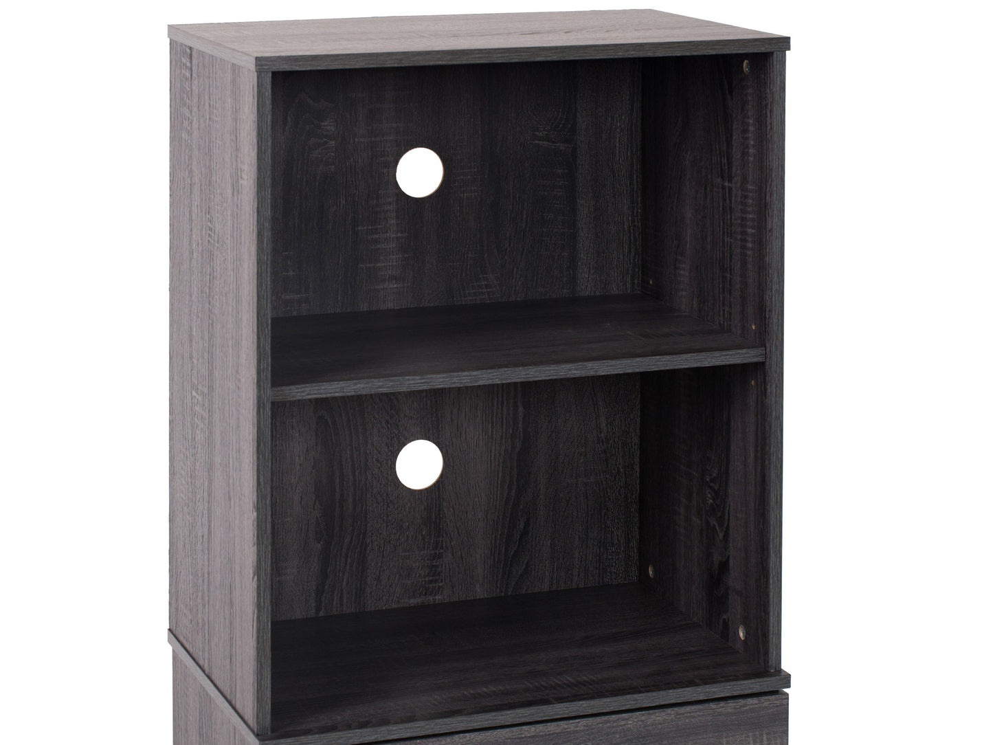 Modern media shelf with walnut finish, open shelving, and sleek black metal frame for stylish storage and display.