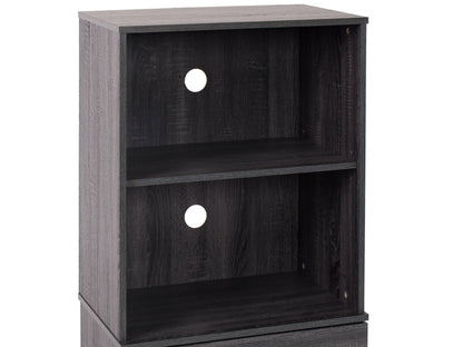 Modern media shelf with walnut finish, open shelving, and sleek black metal frame for stylish storage and display.