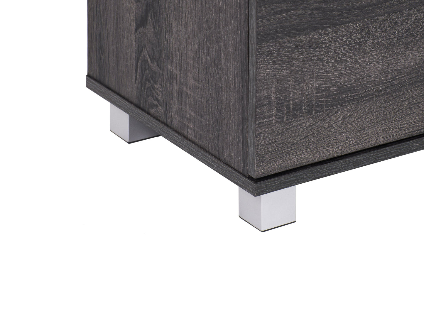 Dark wood media cabinet with sliding doors, adjustable shelves, and minimalist design.